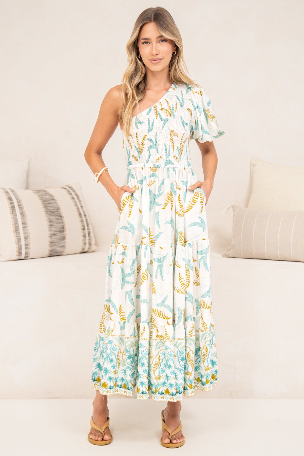 Karoline Midi Dress - One Shoulder Puffy Sleeve Tiered Dress in Passiona Print
