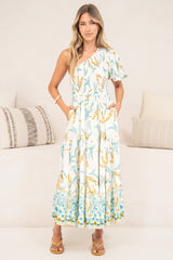 Karoline Midi Dress - One Shoulder Puffy Sleeve Tiered Dress in Passiona Print