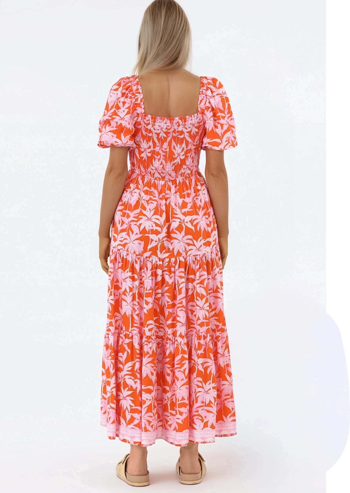Karrigan Maxi Dress - Elasticated Bodice Short Billow Sleeve Dress in Jillia Print