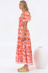 Karrigan Maxi Dress - Elasticated Bodice Short Billow Sleeve Dress in Jillia Print