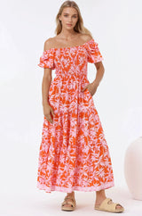 Karrigan Maxi Dress - Elasticated Bodice Short Billow Sleeve Dress in Jillia Print