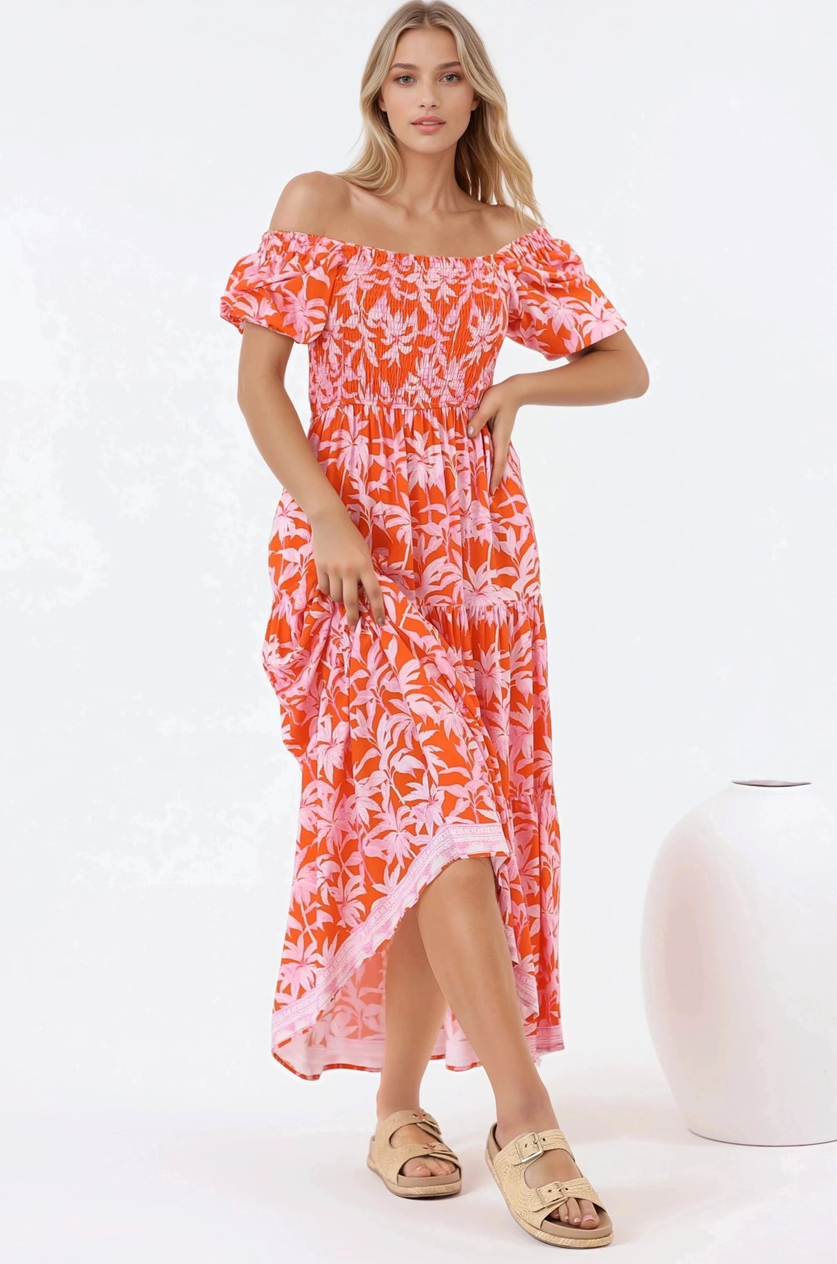Karrigan Maxi Dress - Elasticated Bodice Short Billow Sleeve Dress in Jillia Print