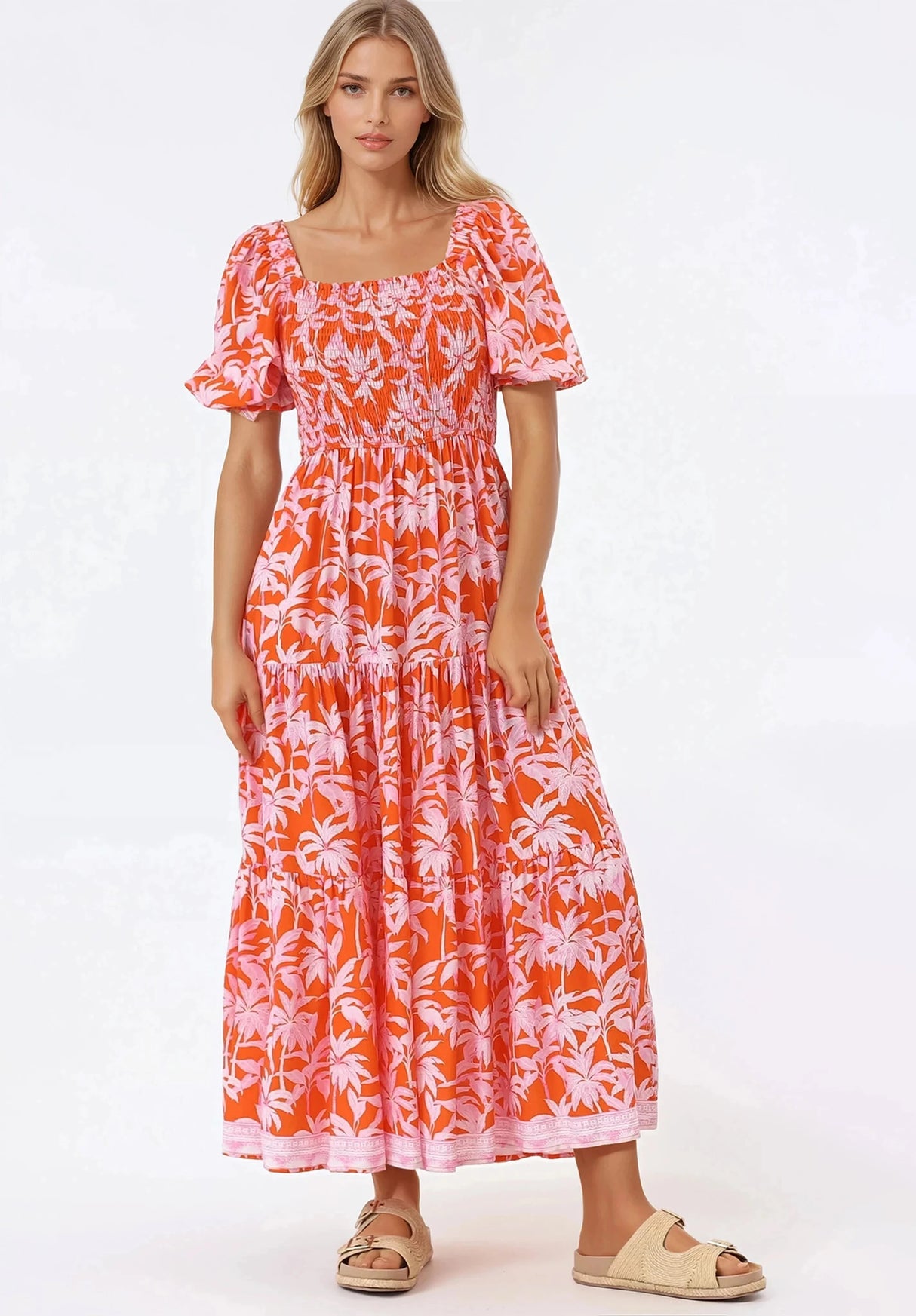 Karrigan Maxi Dress - Elasticated Bodice Short Billow Sleeve Dress in Jillia Print