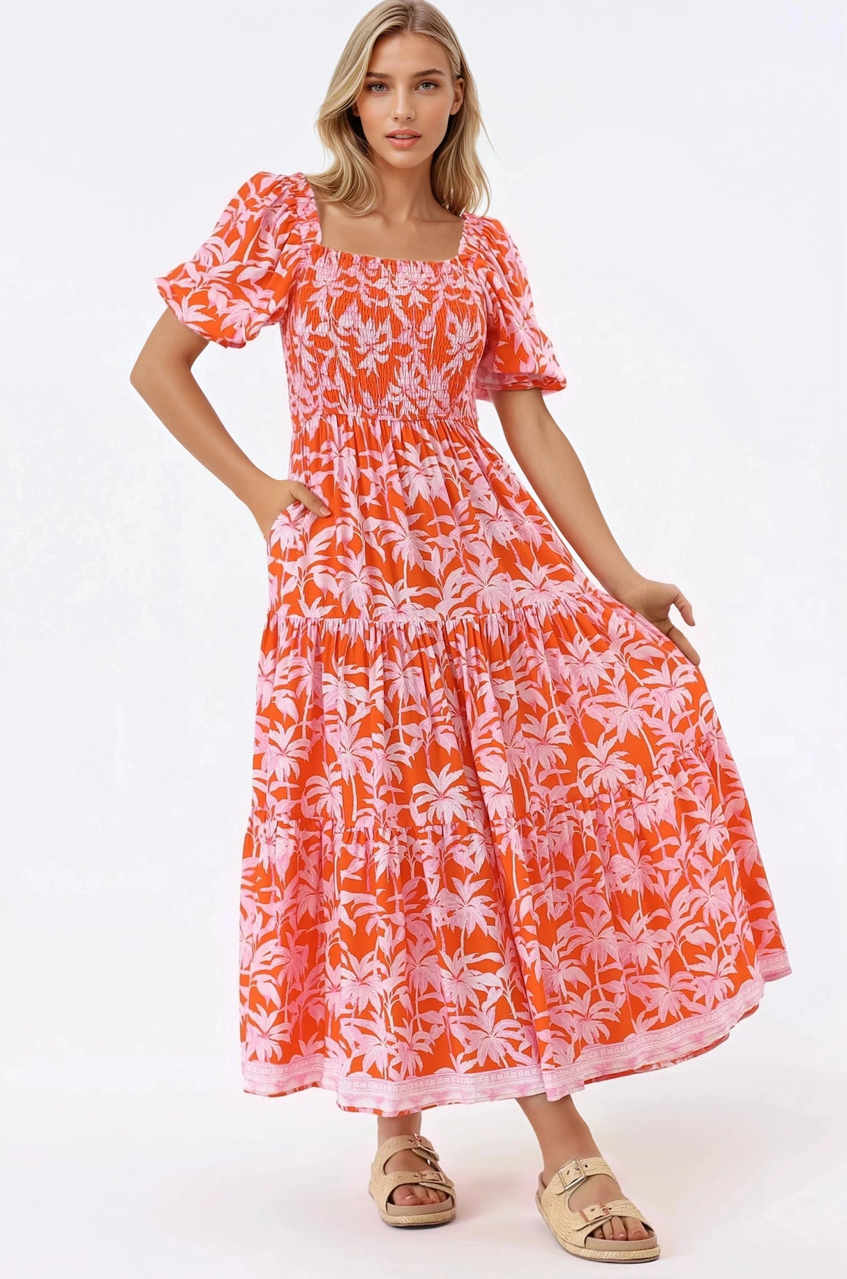 Karrigan Maxi Dress - Elasticated Bodice Short Billow Sleeve Dress in Jillia Print