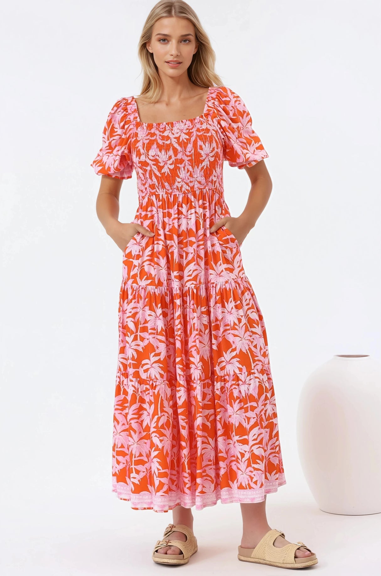 Karrigan Maxi Dress - Elasticated Bodice Short Billow Sleeve Dress in Jillia Print