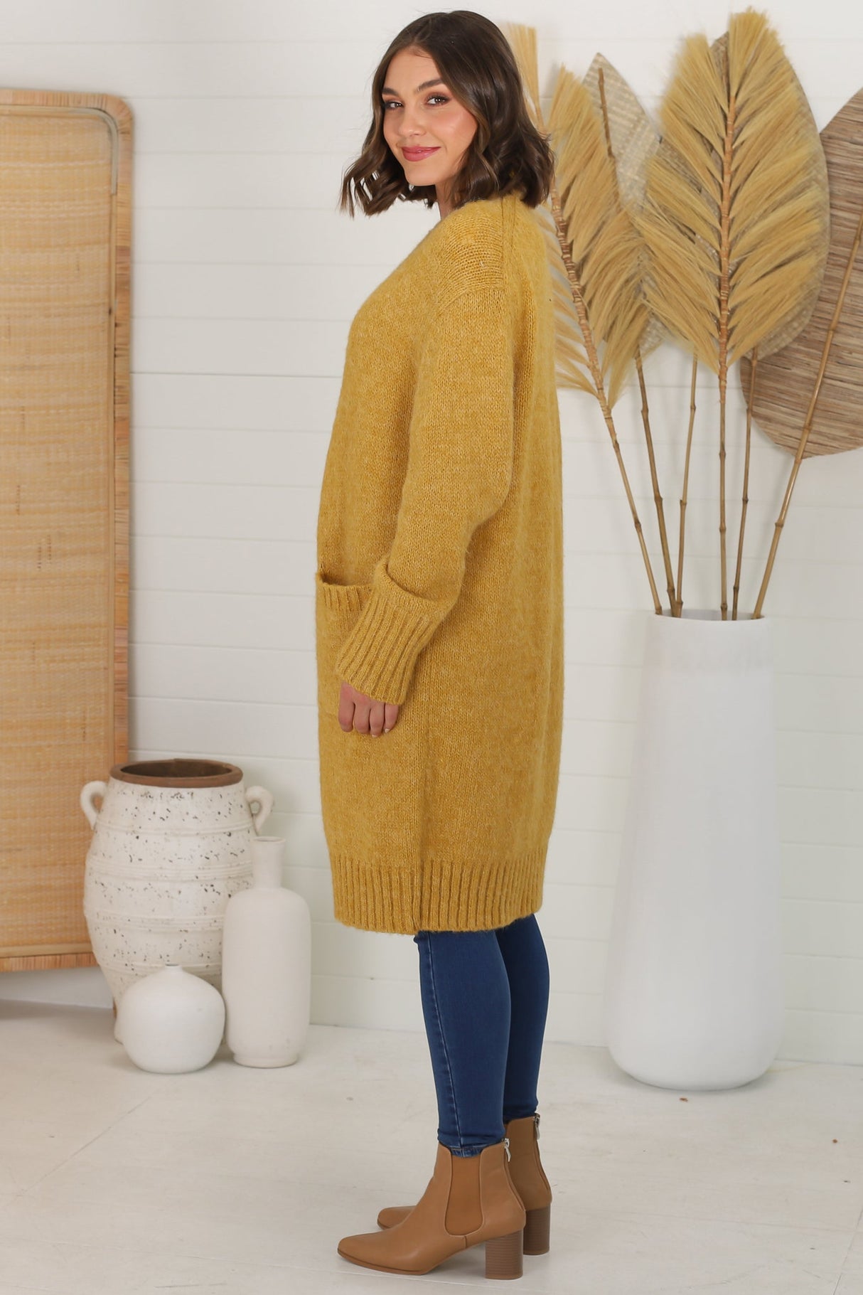 Kartika Cardigan - Long Ribbed Cuff and Hem Cardigan with Pockets in Mustard