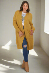 Kartika Cardigan - Long Ribbed Cuff and Hem Cardigan with Pockets in Mustard