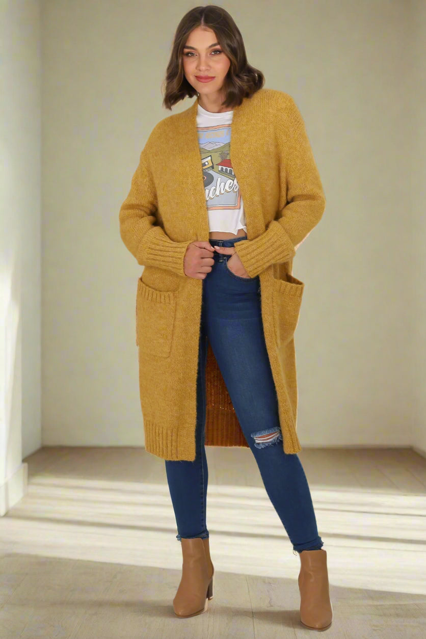 Kartika Cardigan - Long Ribbed Cuff and Hem Cardigan with Pockets in Mustard