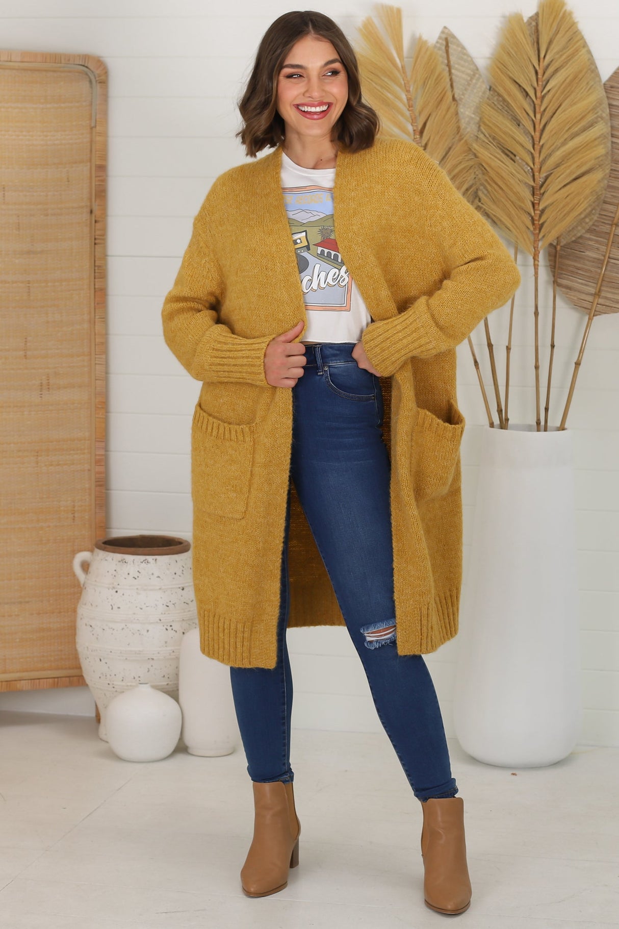 Kartika Cardigan - Long Ribbed Cuff and Hem Cardigan with Pockets in Mustard