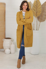 Kartika Cardigan - Long Ribbed Cuff and Hem Cardigan with Pockets in Mustard