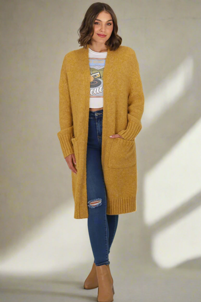 Kartika Cardigan - Long Ribbed Cuff and Hem Cardigan with Pockets in Mustard