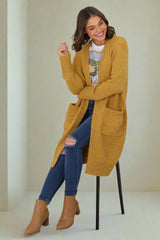 Kartika Cardigan - Long Ribbed Cuff and Hem Cardigan with Pockets in Mustard