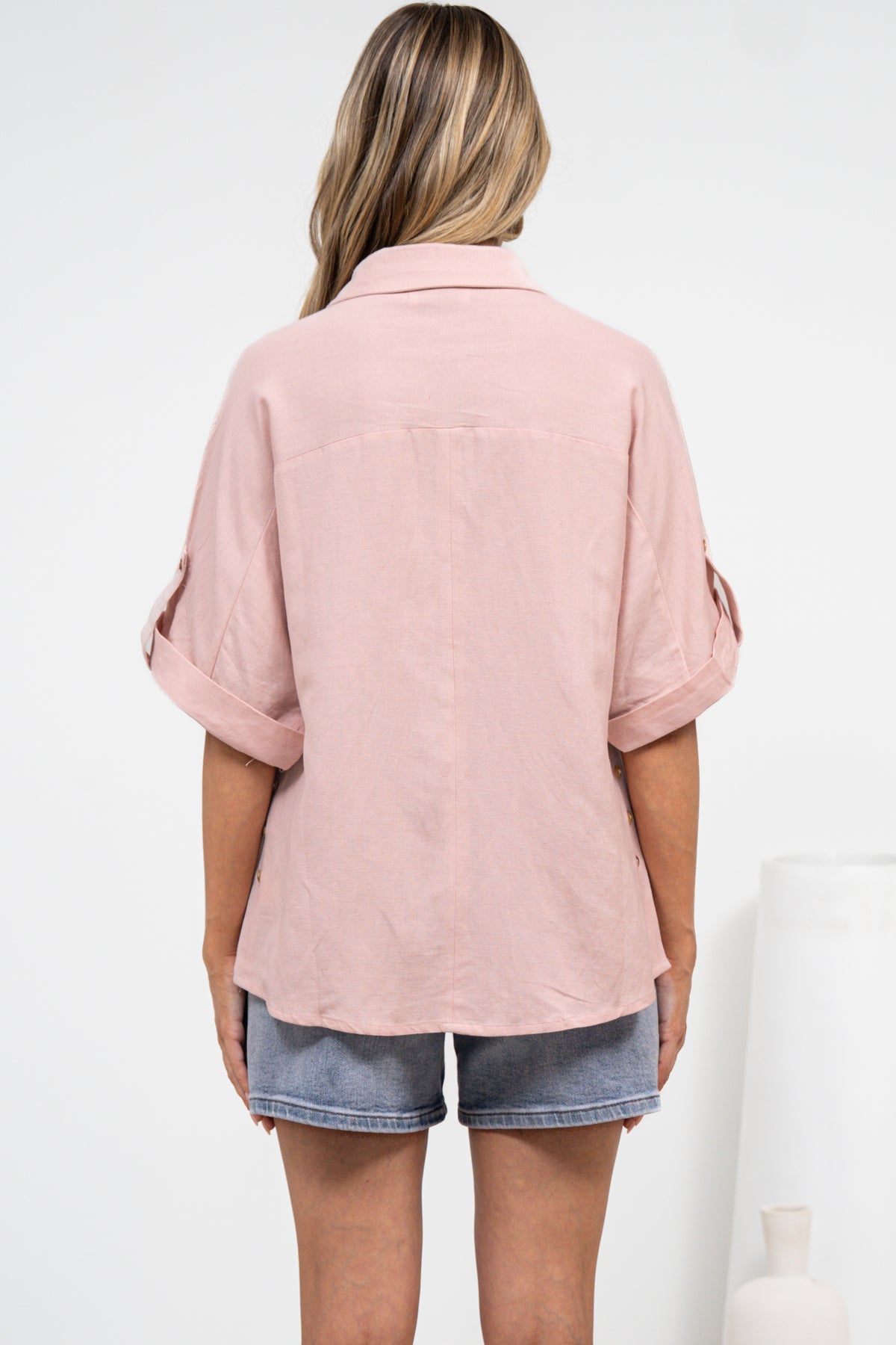 Kawai Shirt - Collared Button Down Shirt with Short Sleeves in Blush