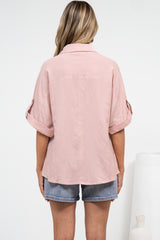 Kawai Shirt - Collared Button Down Shirt with Short Sleeves in Blush