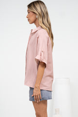 Kawai Shirt - Collared Button Down Shirt with Short Sleeves in Blush