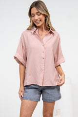 Kawai Shirt - Collared Button Down Shirt with Short Sleeves in Blush