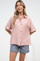 Kawai Shirt - Collared Button Down Shirt with Short Sleeves in Blush