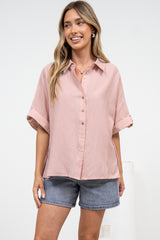 Kawai Shirt - Collared Button Down Shirt with Short Sleeves in Blush