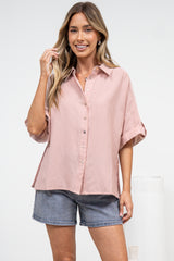 Kawai Shirt - Collared Button Down Shirt with Short Sleeves in Blush