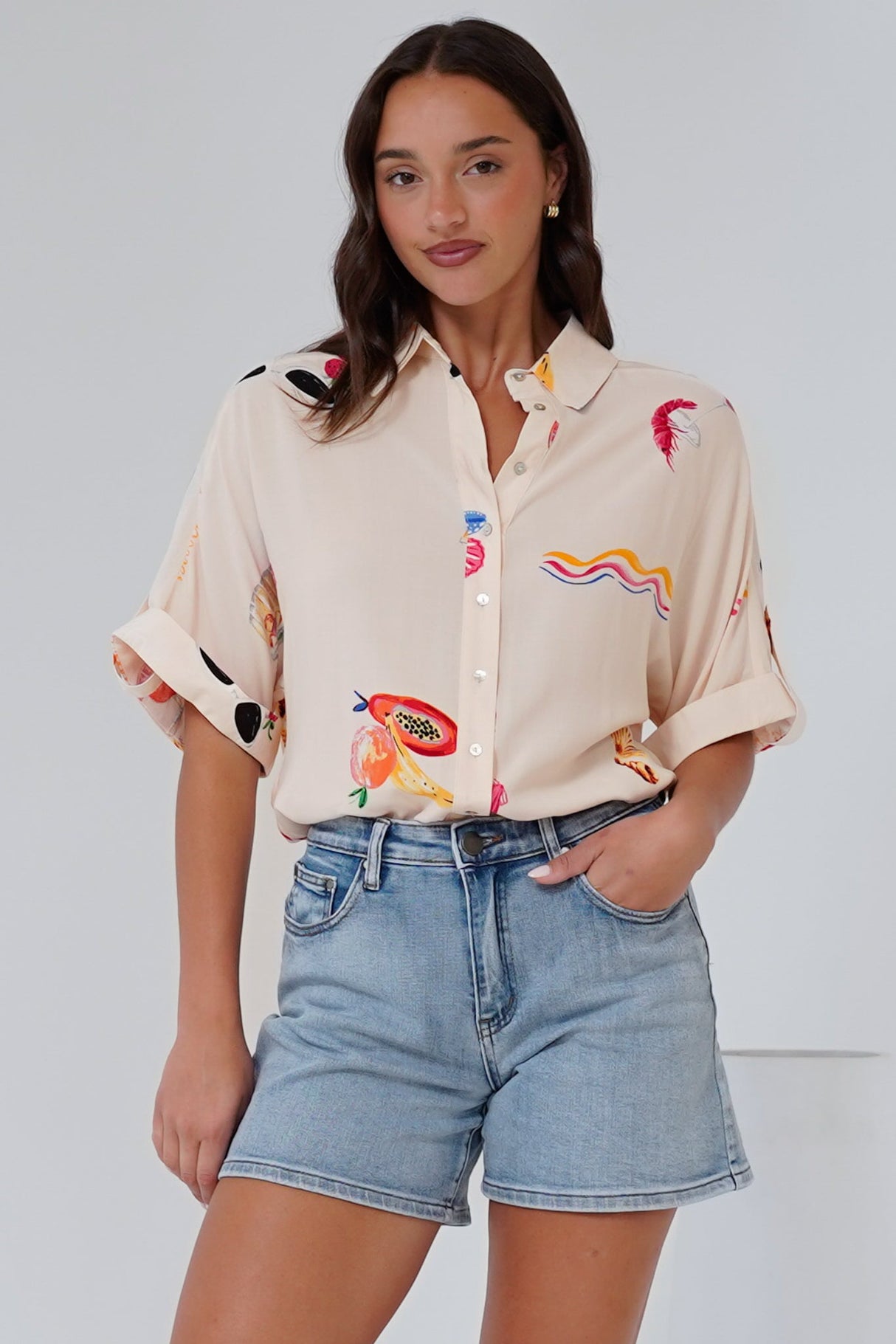 Kawai Shirt - Collared Button Down Shirt with Short Sleeves in Seasons Print