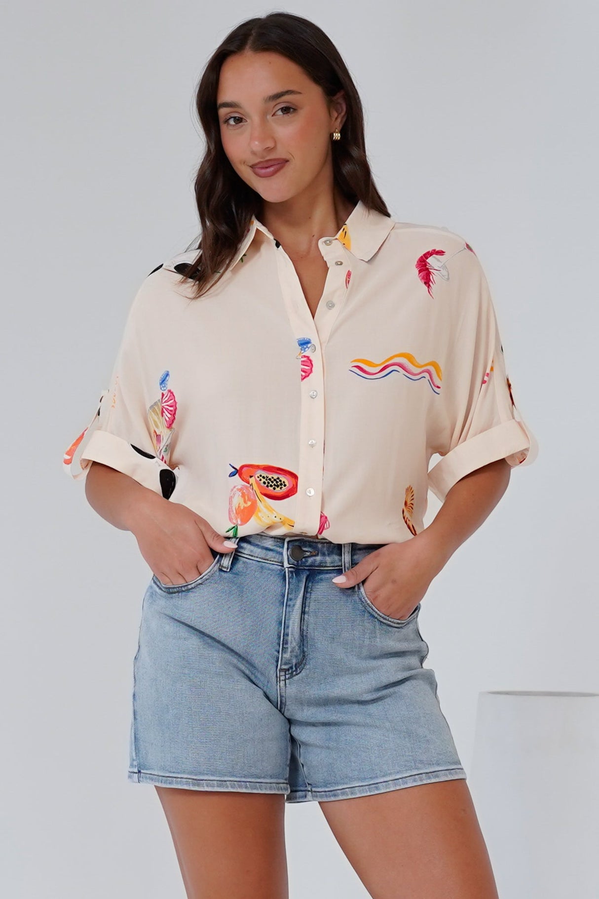 Kawai Shirt - Collared Button Down Shirt with Short Sleeves in Seasons Print