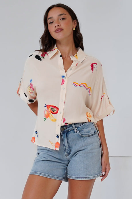 Kawai Shirt - Collared Button Down Shirt with Short Sleeves in Seasons Print