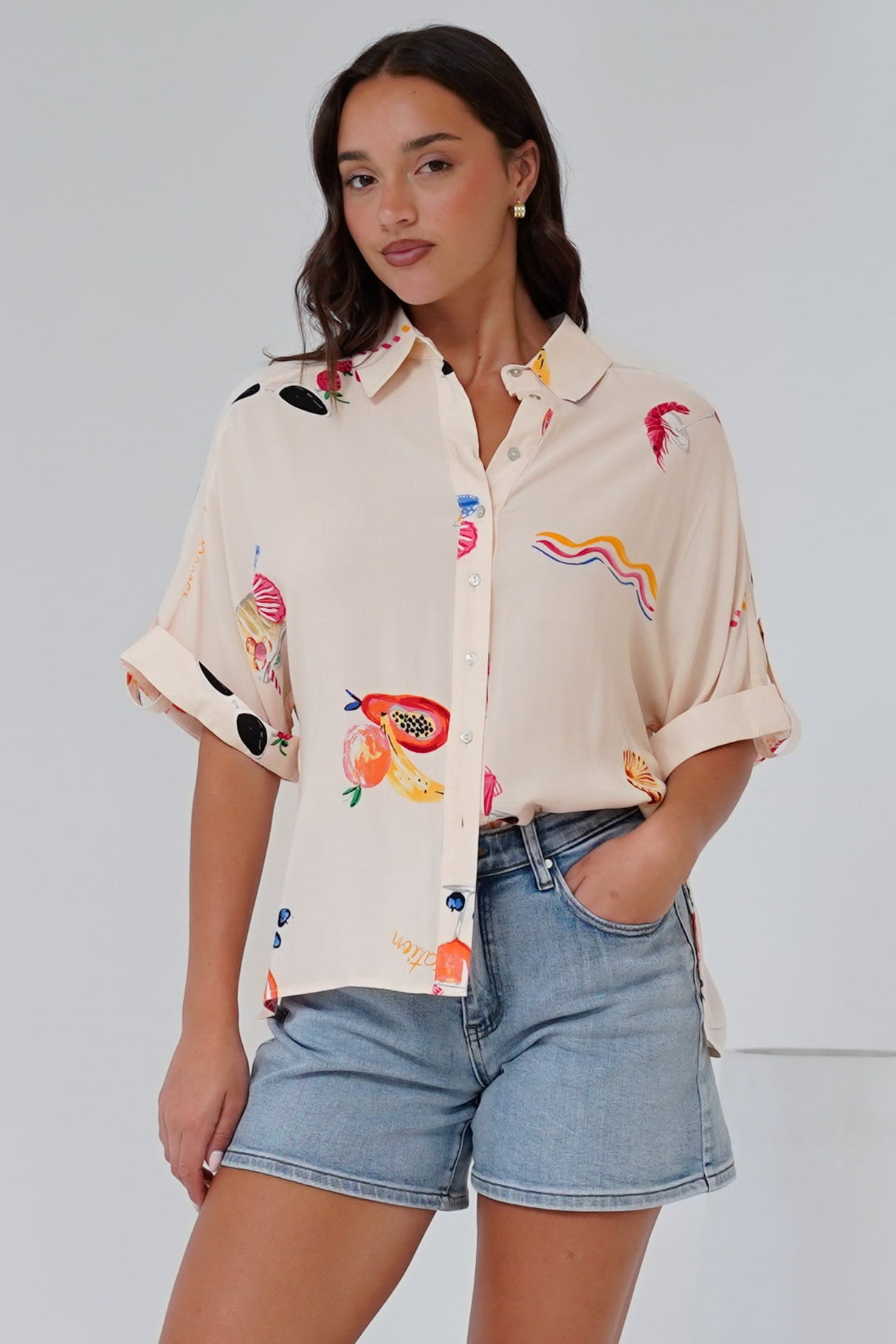 Kawai Shirt - Collared Button Down Shirt with Short Sleeves in Seasons Print