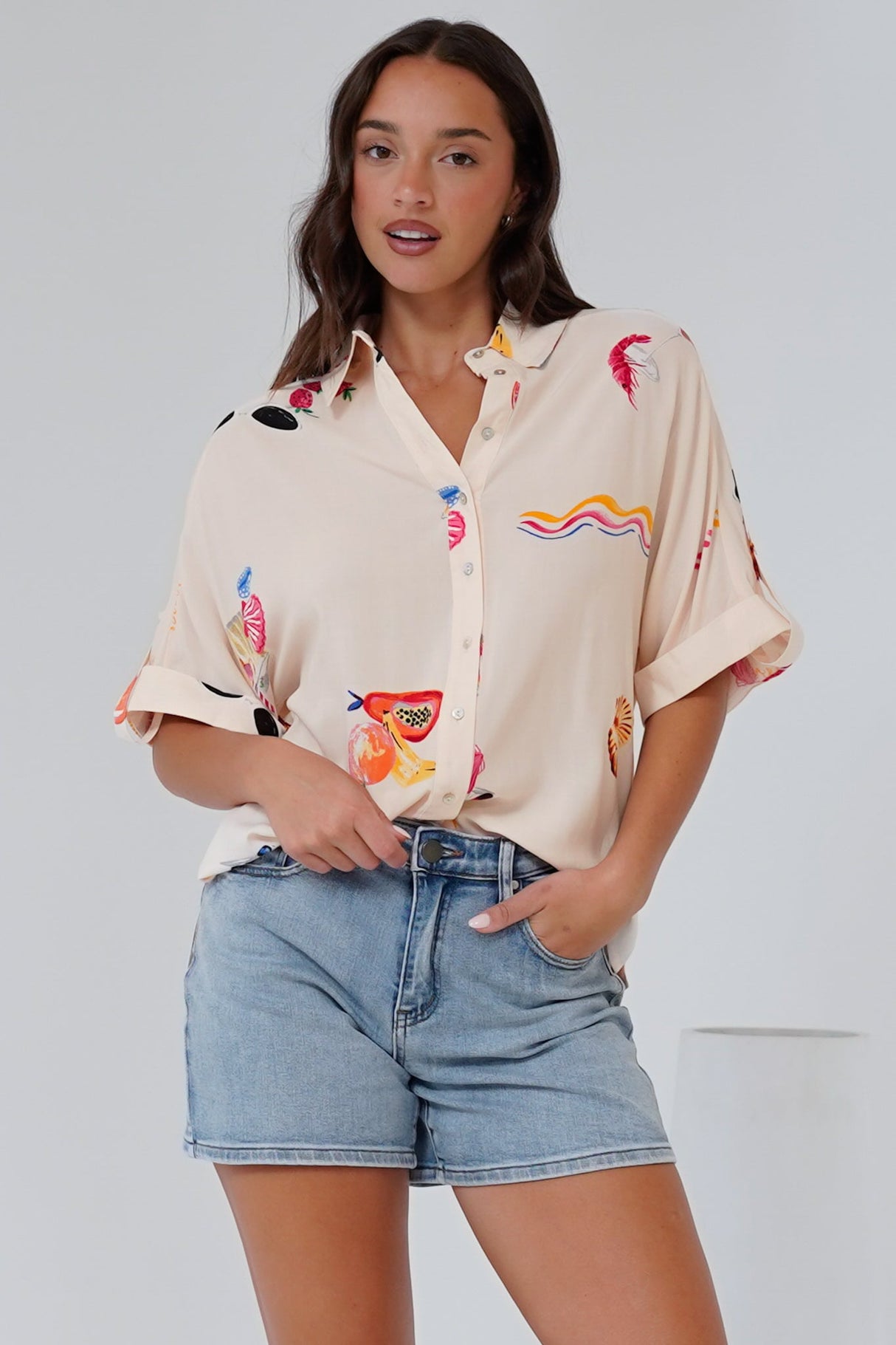 Kawai Shirt - Collared Button Down Shirt with Short Sleeves in Seasons Print