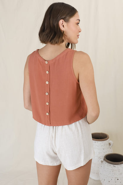 Kaydee Top - Boxy Sleeveless Top with Button Down Spine in Rust