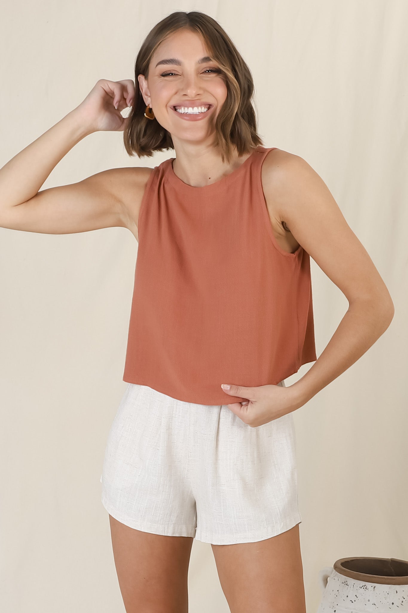 Kaydee Top - Boxy Sleeveless Top with Button Down Spine in Rust