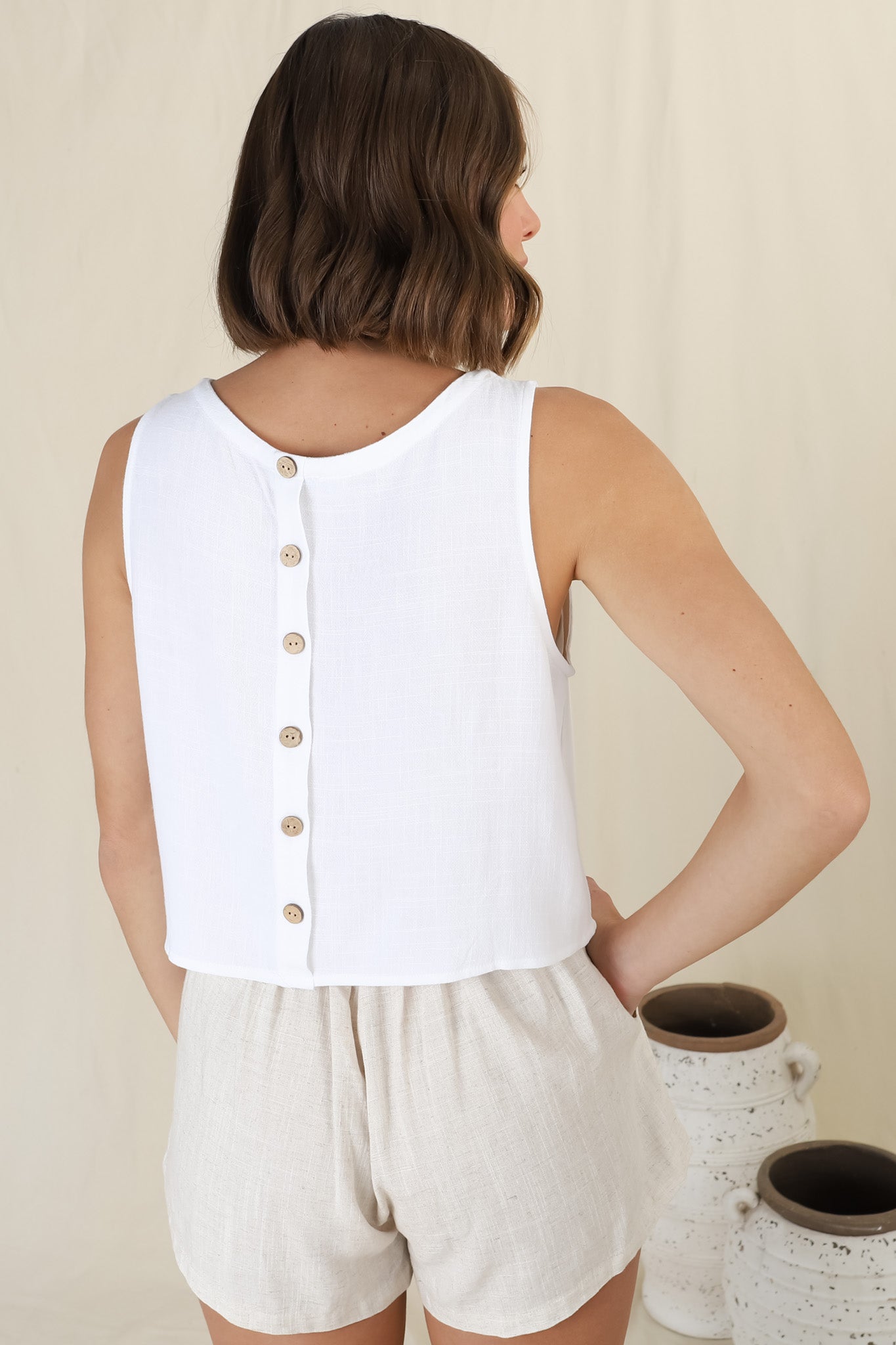 Kaydee Top - Boxy Sleeveless Top with Button Down Spine in White
