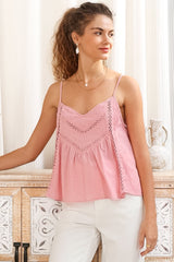 Kaydra Top - Delicate Lace Detailed Cami with Adjustable Straps in Pink