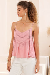 Kaydra Top - Delicate Lace Detailed Cami with Adjustable Straps in Pink