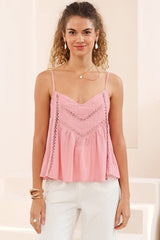 Kaydra Top - Delicate Lace Detailed Cami with Adjustable Straps in Pink