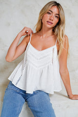 Kaydra Top - Delicate Lace Detailed Cami with Adjustable Straps in White