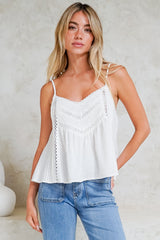 Kaydra Top - Delicate Lace Detailed Cami with Adjustable Straps in White