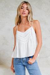 Kaydra Top - Delicate Lace Detailed Cami with Adjustable Straps in White