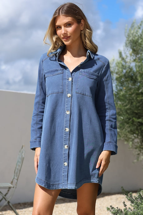 Kaylee Mini Dress - Collared Button Down with Scoop Hemline and Long Sleeves in Denim Blue