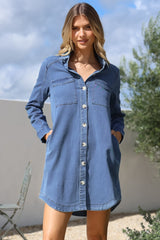 Kaylee Mini Dress - Collared Button Down with Scoop Hemline and Long Sleeves in Denim Blue