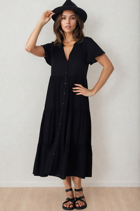 Milla Midi Dress - Tiered Cap Sleeve Button Down Linen Dress in Black