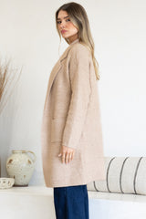 Keagan Cardigan - Folded Lapel Collar Coatigan with Pockets in Camel