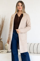 Keagan Cardigan - Folded Lapel Collar Coatigan with Pockets in Camel