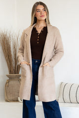 Keagan Cardigan - Folded Lapel Collar Coatigan with Pockets in Camel