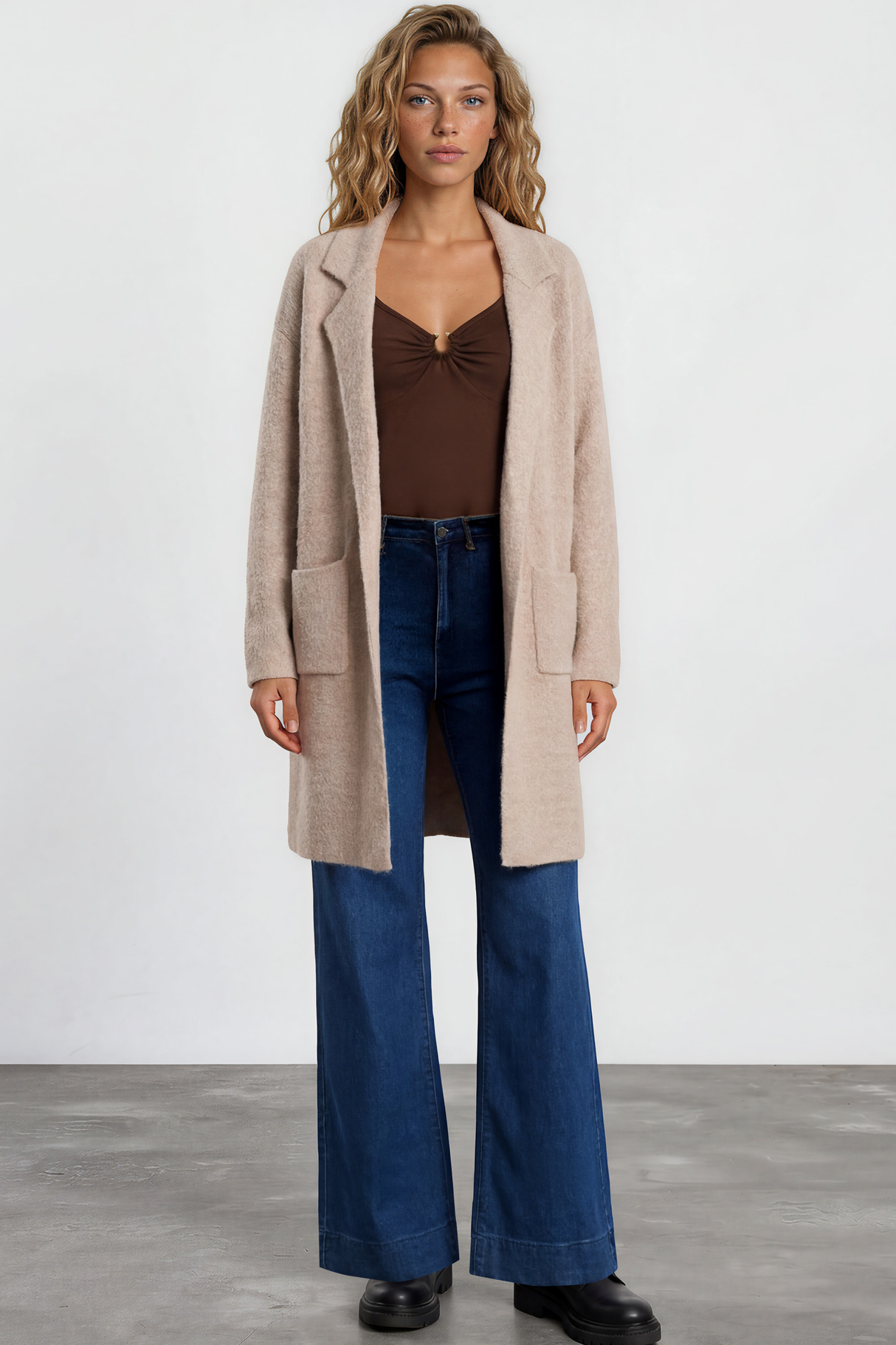 Model wearing Keagan Cardigan in Camel from Salty Crush