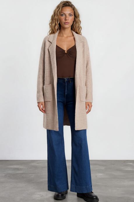 Model wearing Keagan Cardigan in Camel from Salty Crush