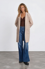 Model wearing Keagan Cardigan in Camel from Salty Crush
