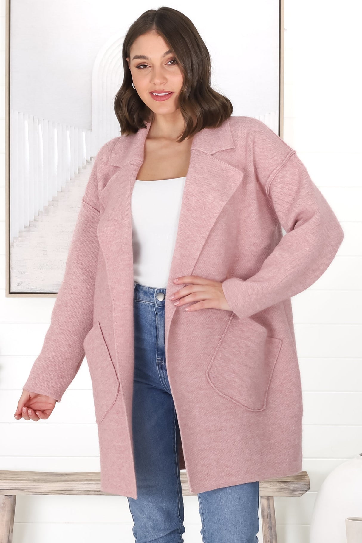 Kierce Cardigan - Folded Lapel Collar Coatigan with Pockets in Blush