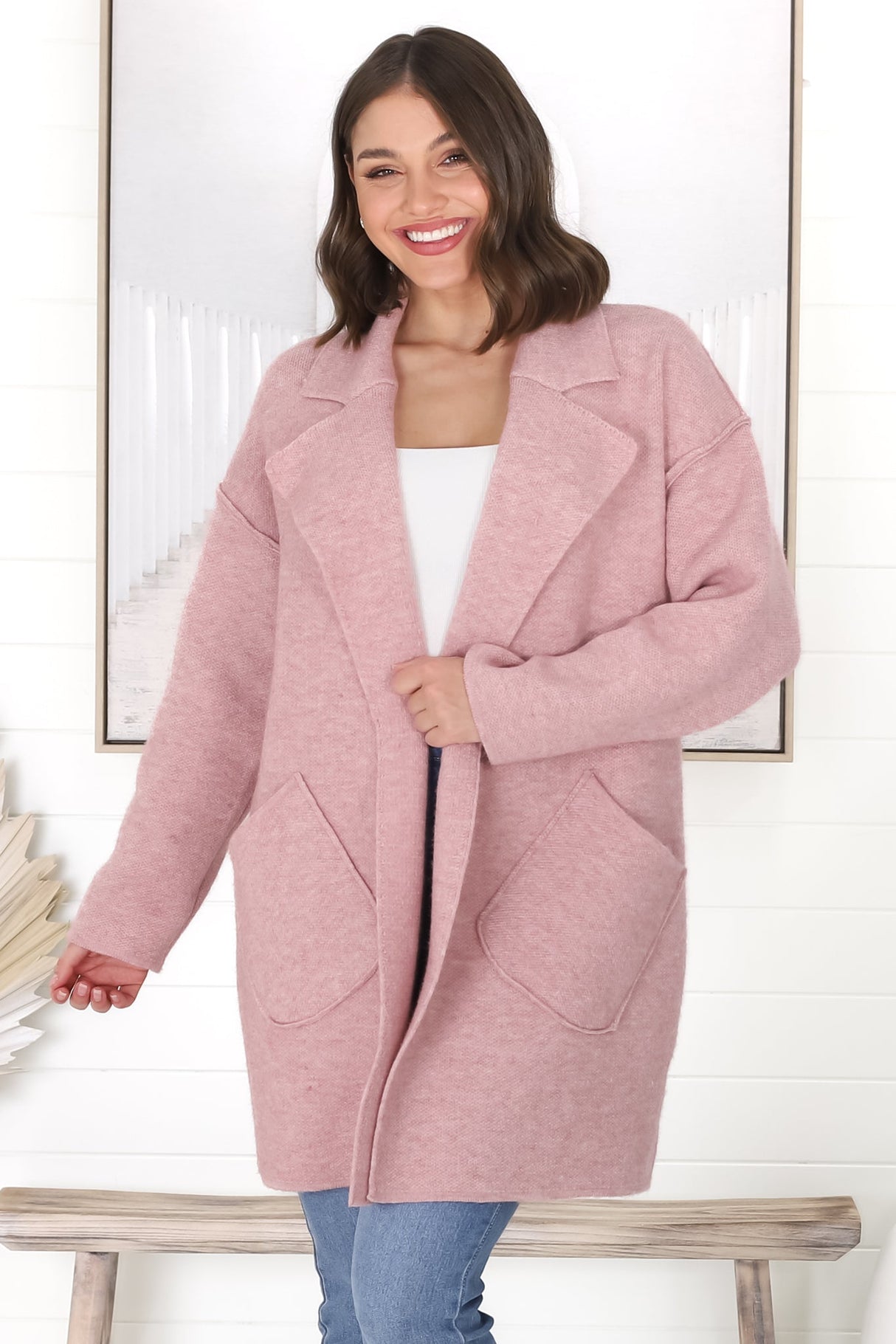 Kierce Cardigan - Folded Lapel Collar Coatigan with Pockets in Blush