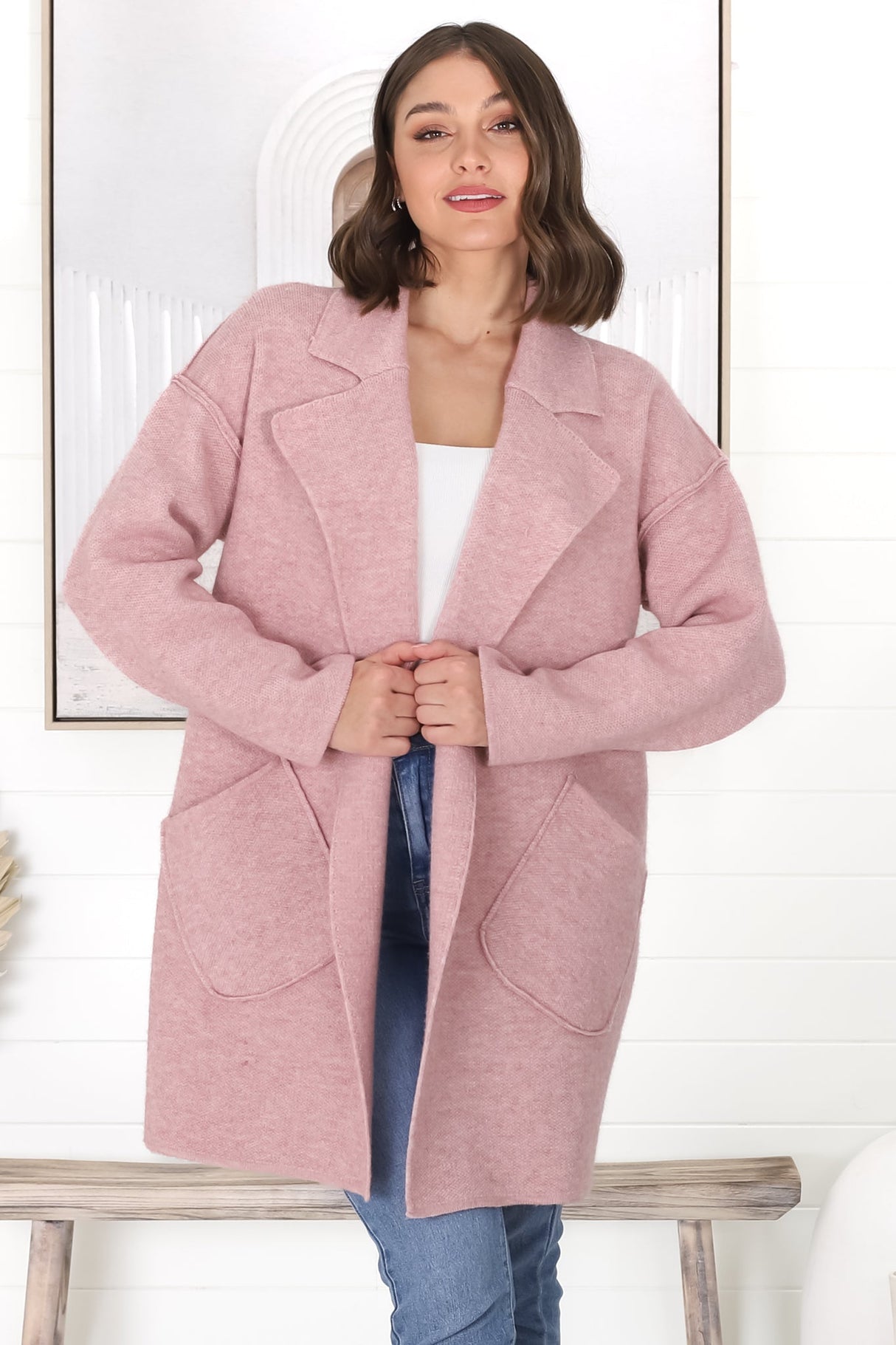 Kierce Cardigan - Folded Lapel Collar Coatigan with Pockets in Blush