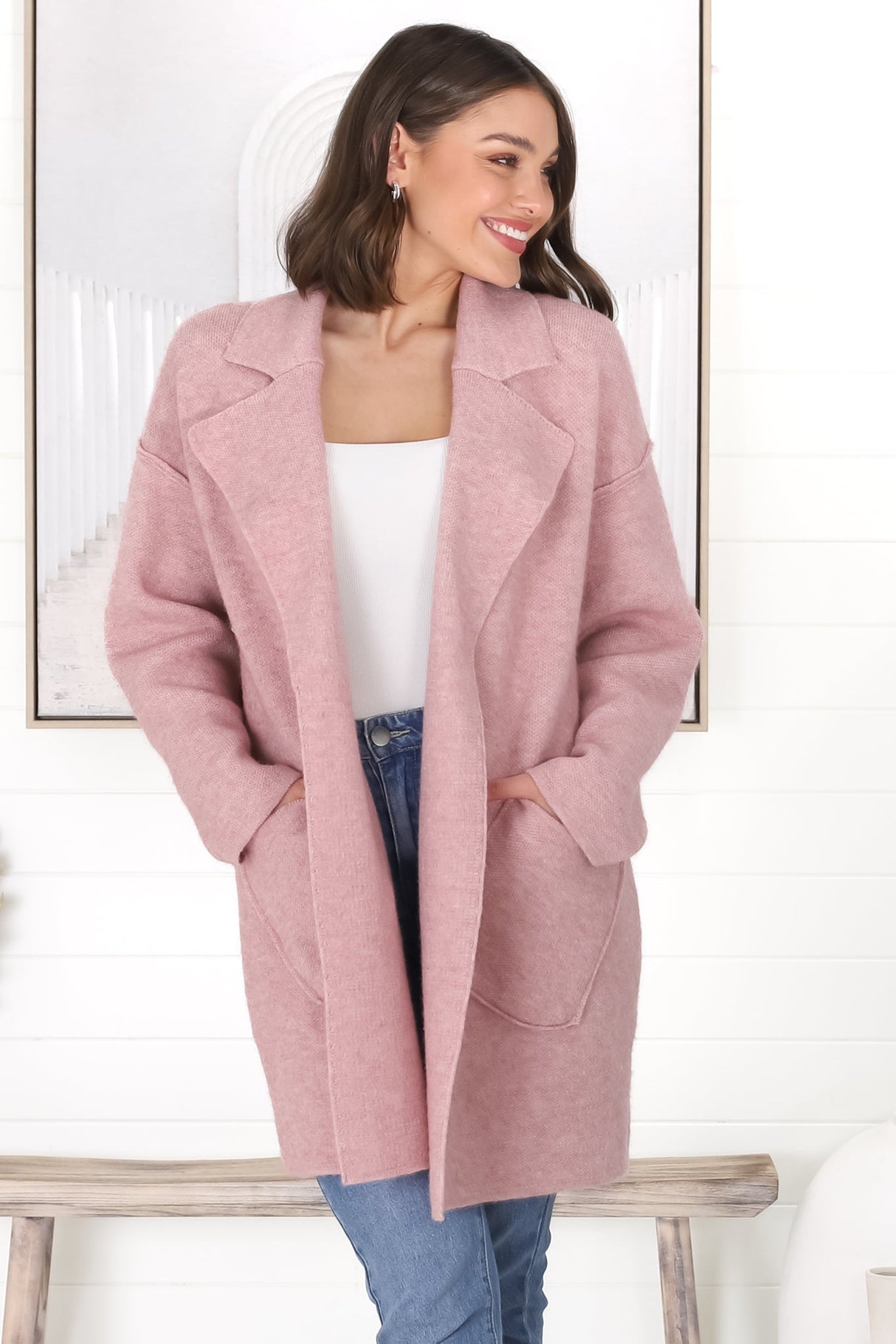 Kierce Cardigan - Folded Lapel Collar Coatigan with Pockets in Blush